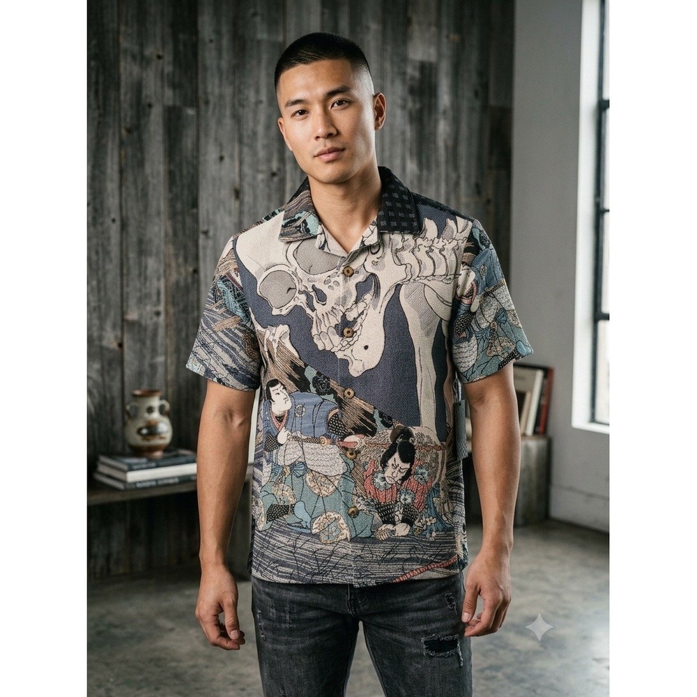 Rebel Vengeance Japanese Tapestry Samurai Skull Print button down  Jacket mens L